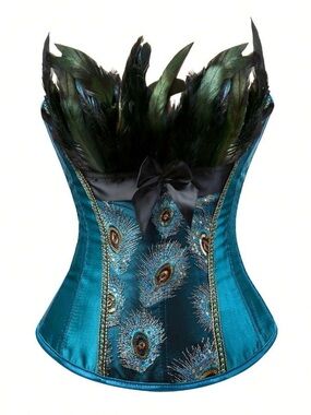Peacock Feather Satin Corset with Feather Trim